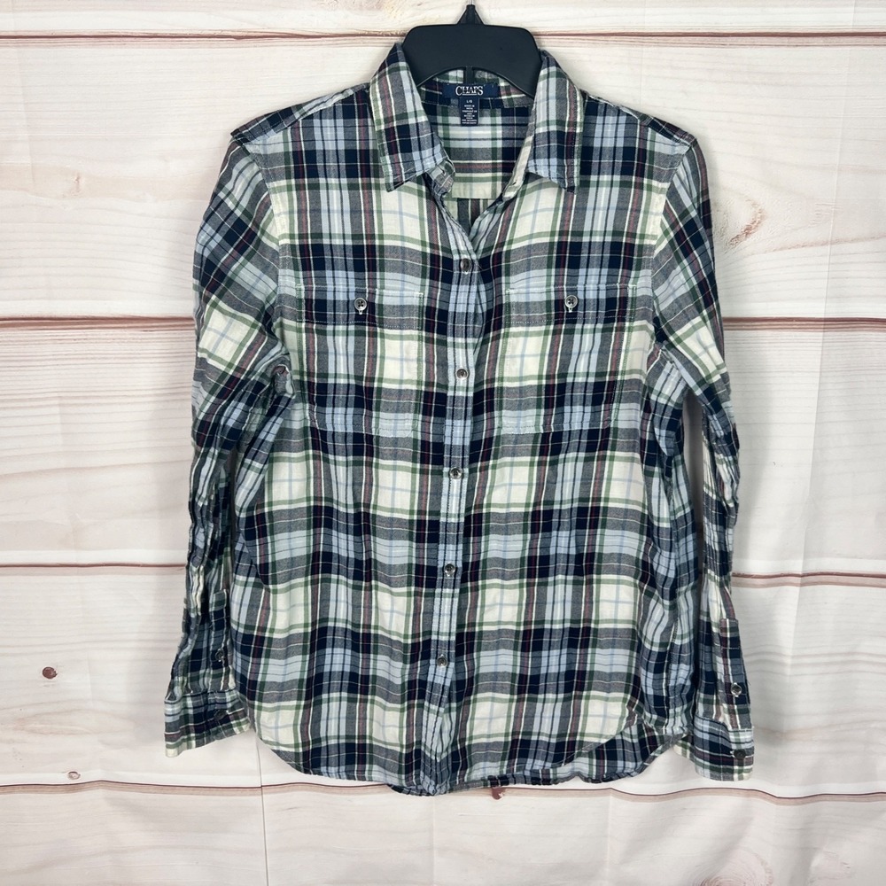 Chaps Top Womens Large Blue Plaid Cotton Shirt Button Up Long Sleeve Pockets